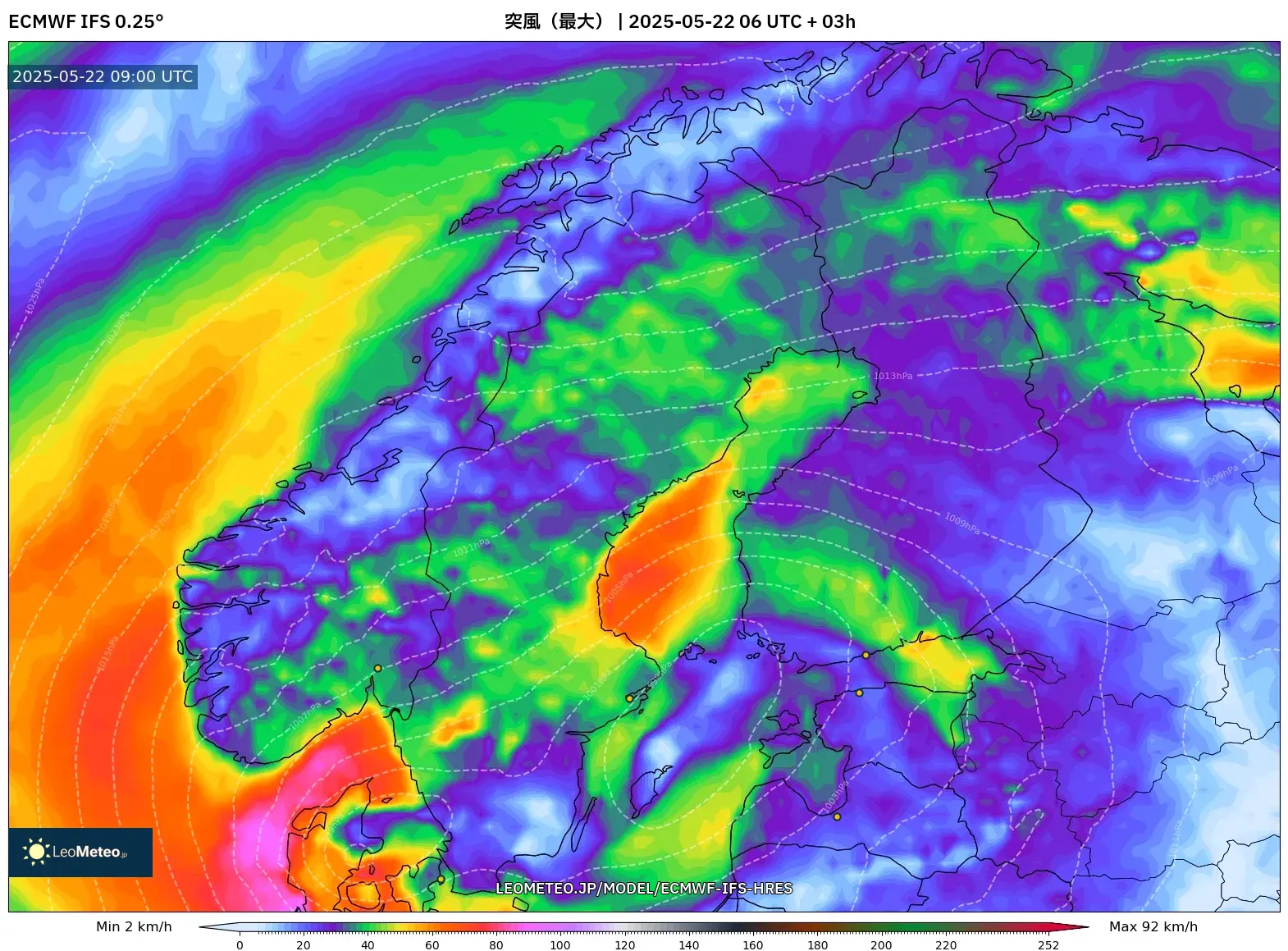 ECMWF IFS 0.25° model - スカンジナビア, 突風(最大) ECMWF IFS 0.25° model - スカンジナビア, 突風(最大)