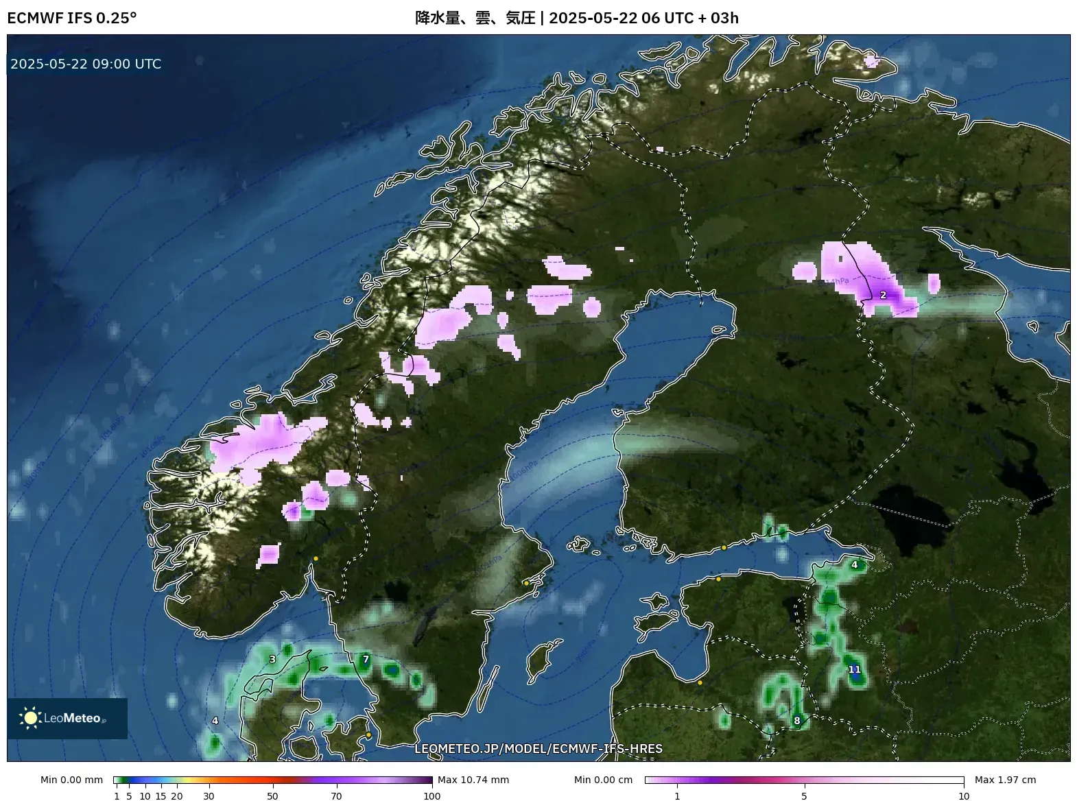 ECMWF IFS 0.25° model - スカンジナビア, 降水量、雲、気圧 ECMWF IFS 0.25° model - スカンジナビア, 降水量、雲、気圧