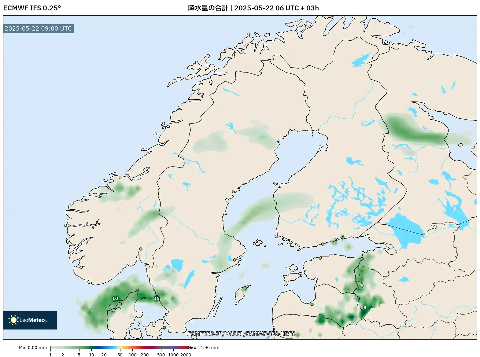ECMWF IFS 0.25° model - スカンジナビア, 降水量の合計 ECMWF IFS 0.25° model - スカンジナビア, 降水量の合計