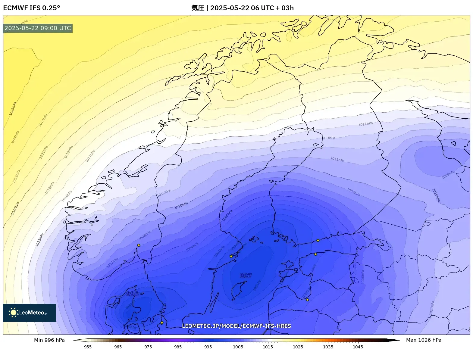 ECMWF IFS 0.25° model - スカンジナビア, 気圧 ECMWF IFS 0.25° model - スカンジナビア, 気圧