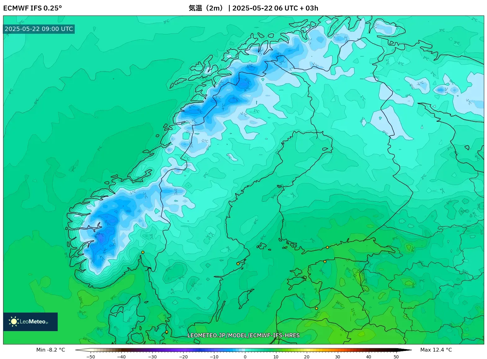 ECMWF IFS 0.25° model - スカンジナビア, 気温(2m) ECMWF IFS 0.25° model - スカンジナビア, 気温(2m)