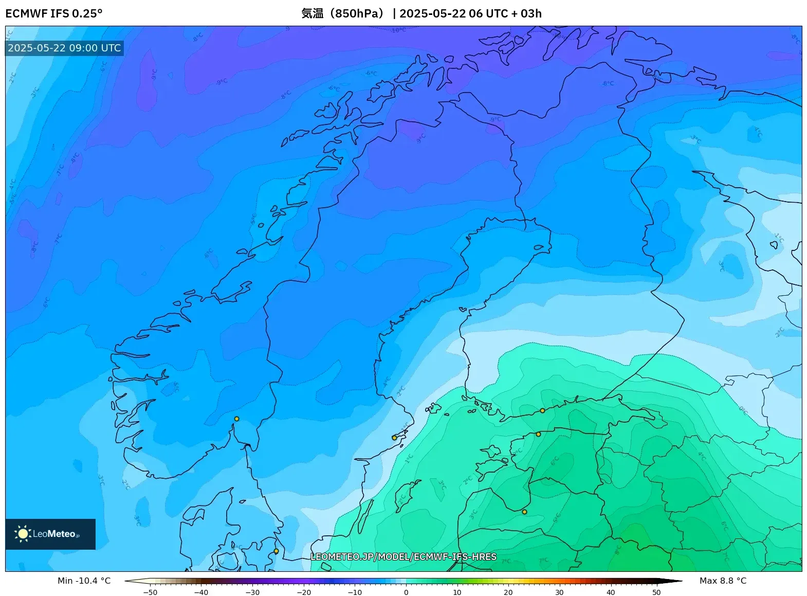 ECMWF IFS 0.25° model - スカンジナビア, 気温（850hPa）