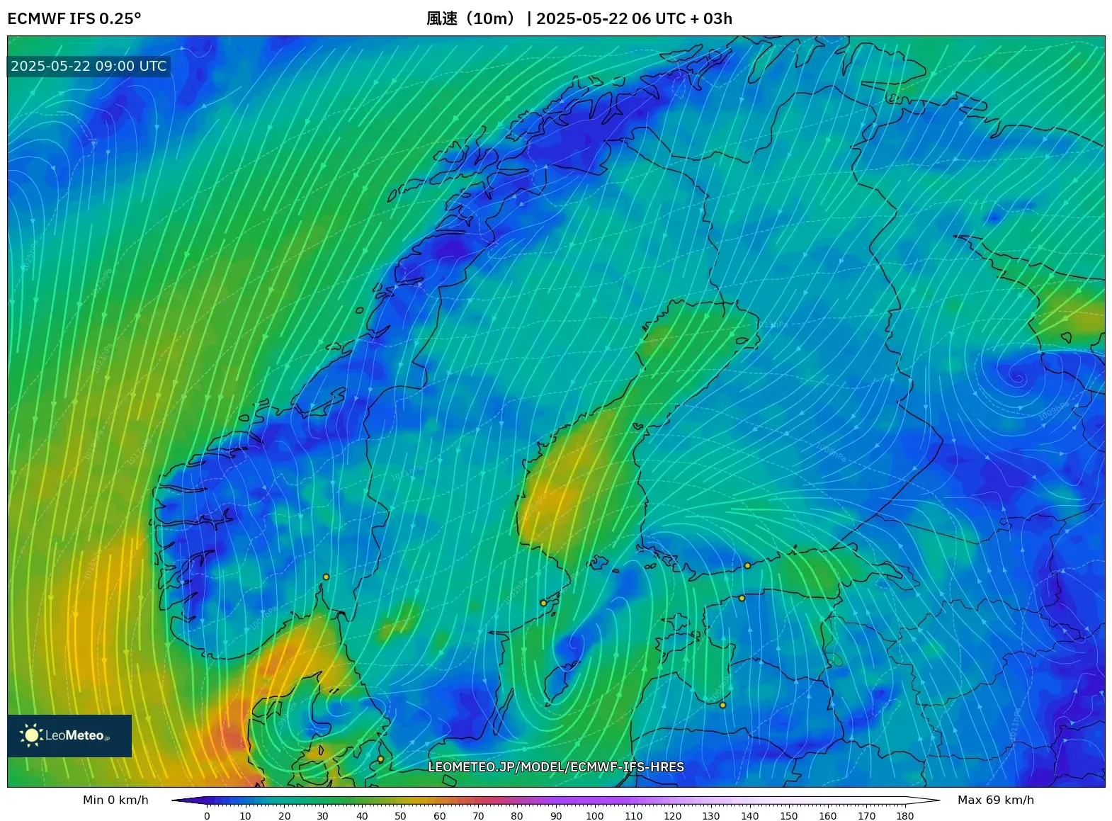 ECMWF IFS 0.25° model - スカンジナビア, 風速(10m) ECMWF IFS 0.25° model - スカンジナビア, 風速(10m)