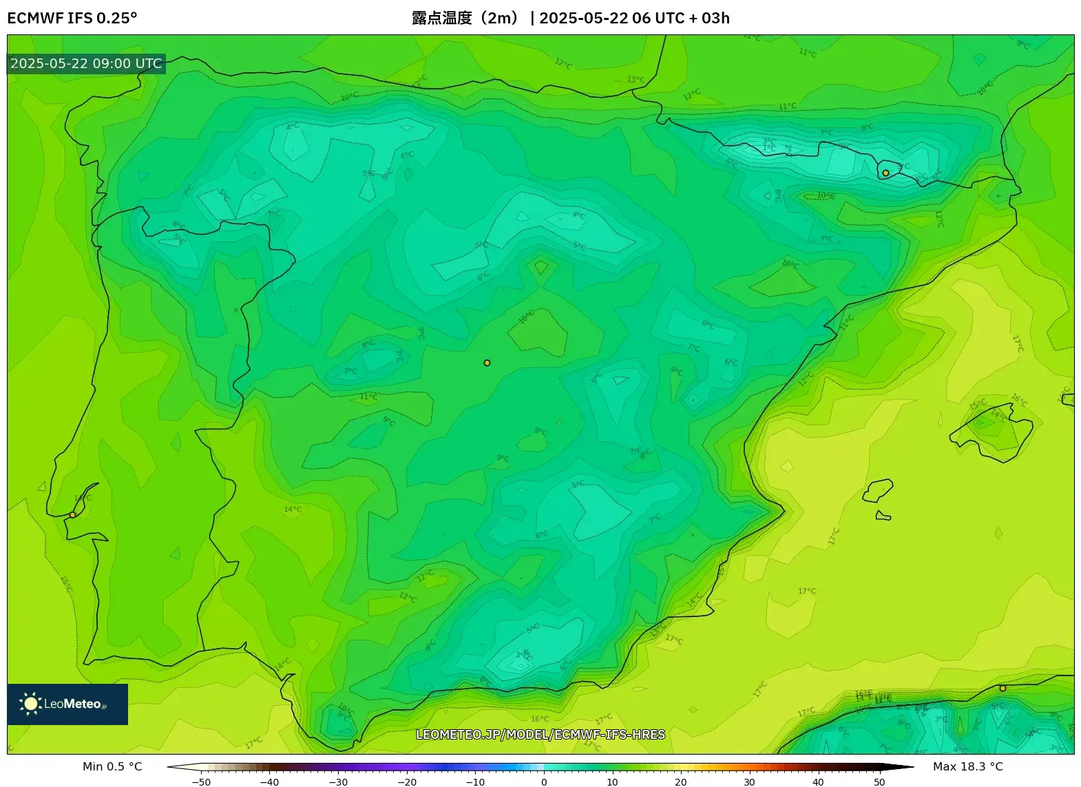 ECMWF IFS 0.25° model - スペイン, 露点温度(2m) ECMWF IFS 0.25° model - スペイン, 露点温度(2m)