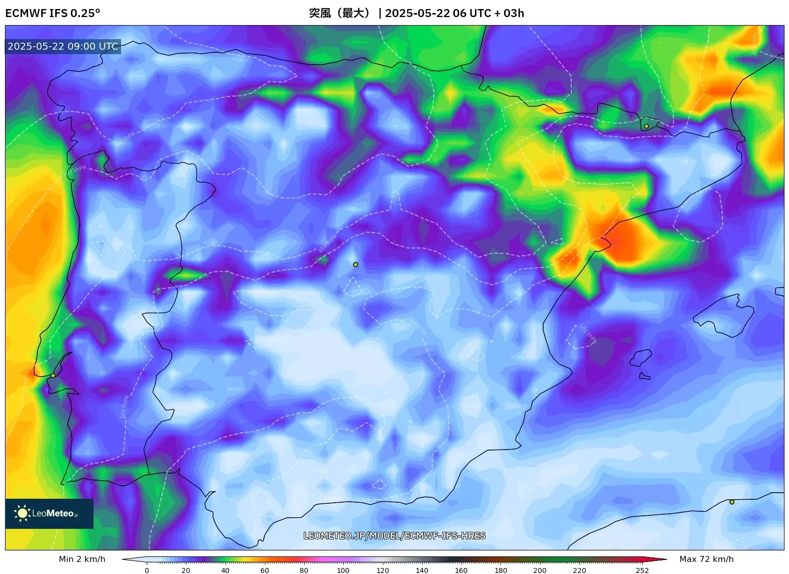 ECMWF IFS 0.25° model - スペイン, 突風(最大) ECMWF IFS 0.25° model - スペイン, 突風(最大)