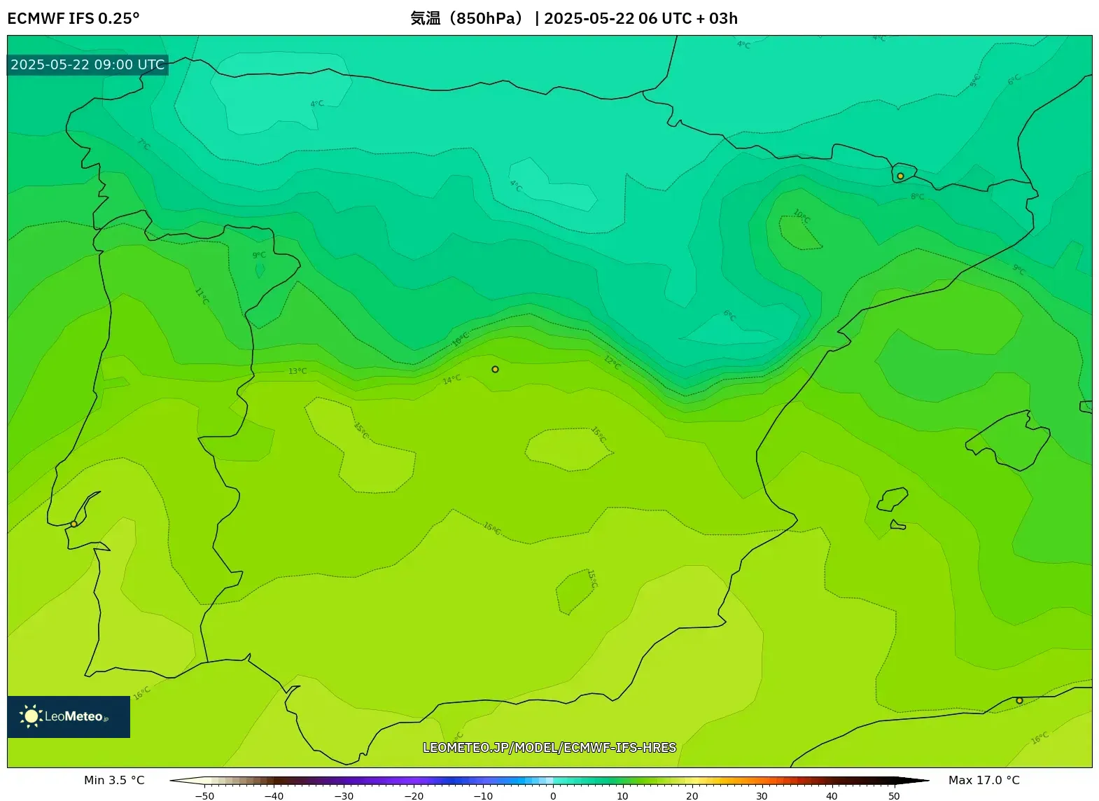 ECMWF IFS 0.25° model - スペイン, 気温(850hPa) ECMWF IFS 0.25° model - スペイン, 気温(850hPa)