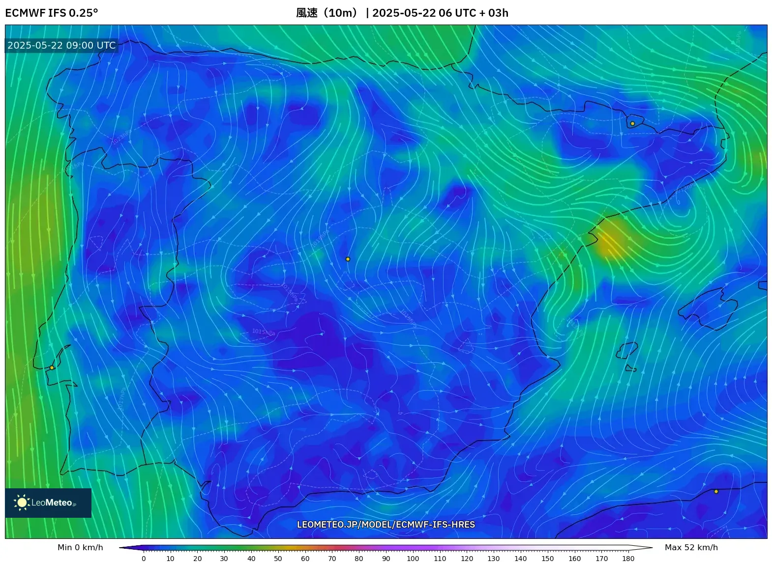 ECMWF IFS 0.25° model - スペイン, 風速(10m) ECMWF IFS 0.25° model - スペイン, 風速(10m)