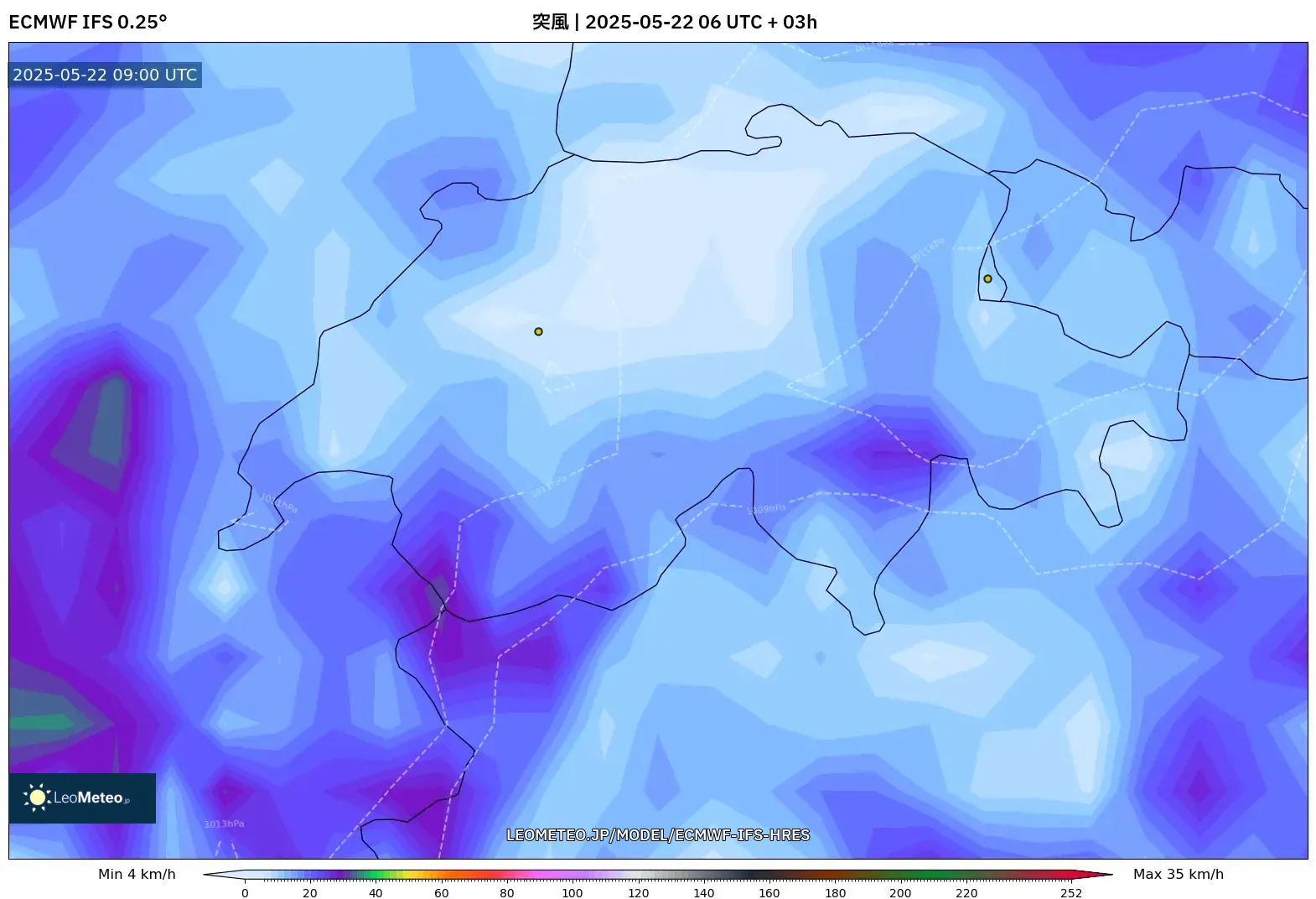 ECMWF IFS 0.25° model - スイス, 突風 ECMWF IFS 0.25° model - スイス, 突風