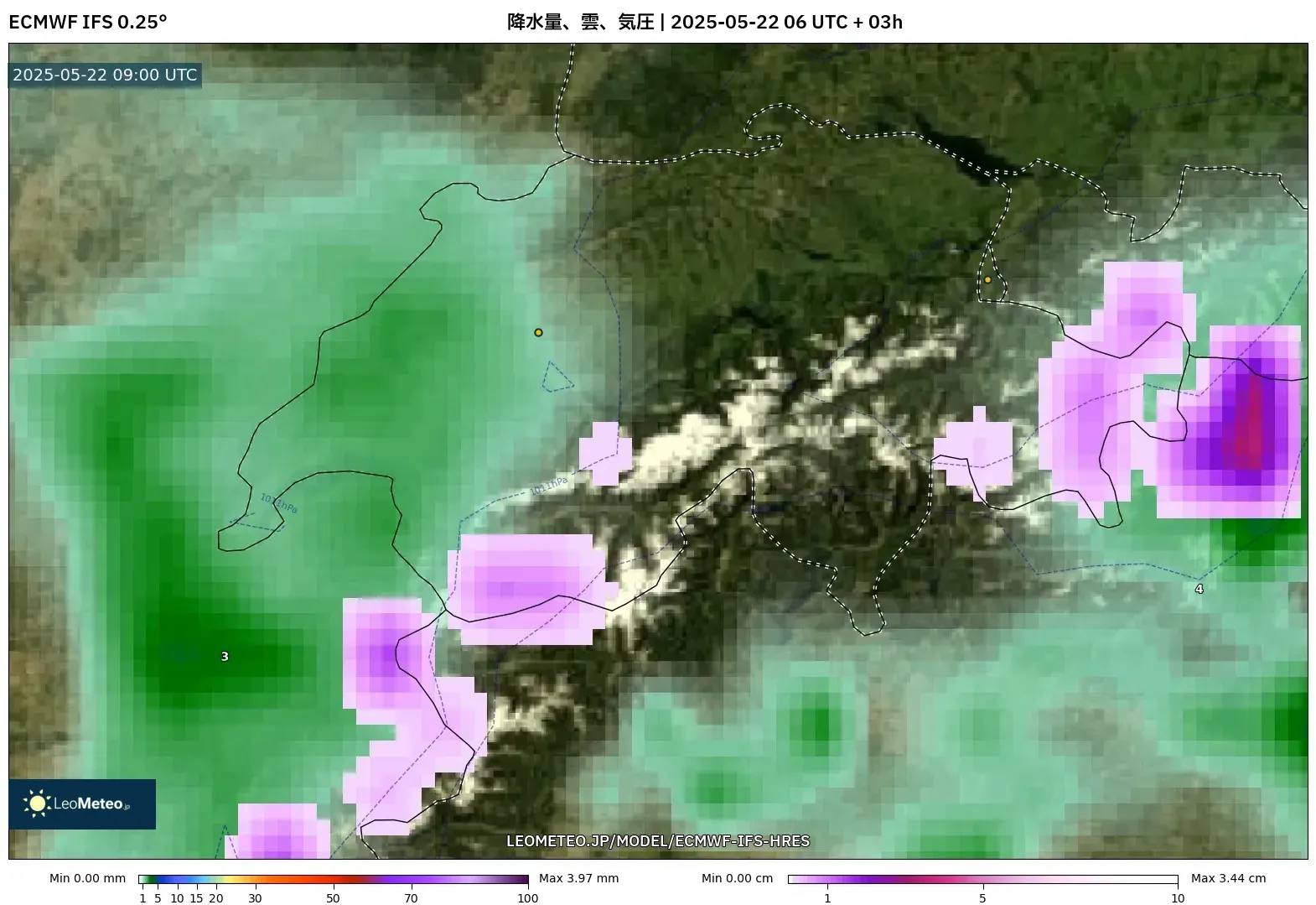 ECMWF IFS 0.25° model - スイス, 降水量、雲、気圧 ECMWF IFS 0.25° model - スイス, 降水量、雲、気圧