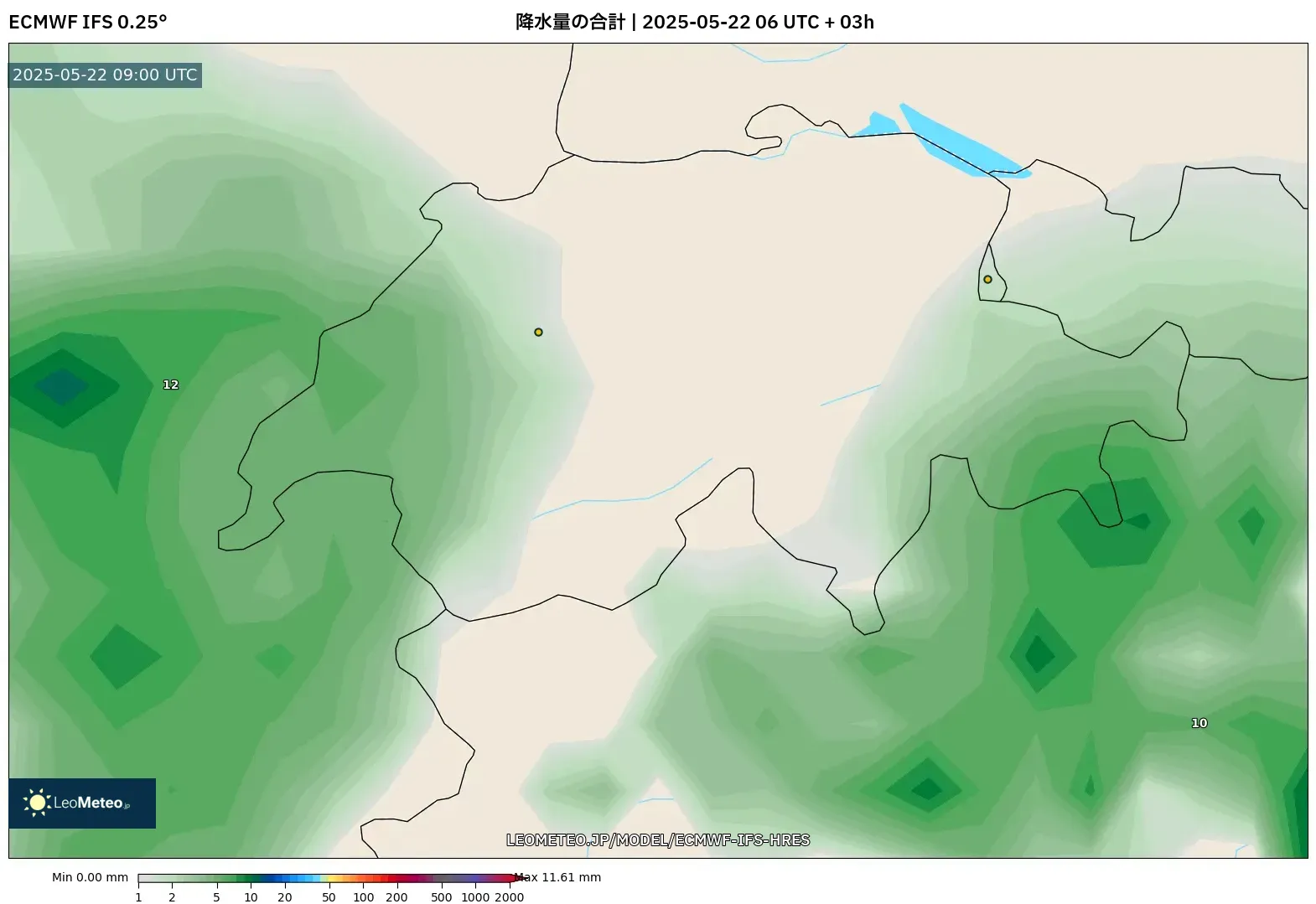 ECMWF IFS 0.25° model - スイス, 降水量の合計 ECMWF IFS 0.25° model - スイス, 降水量の合計