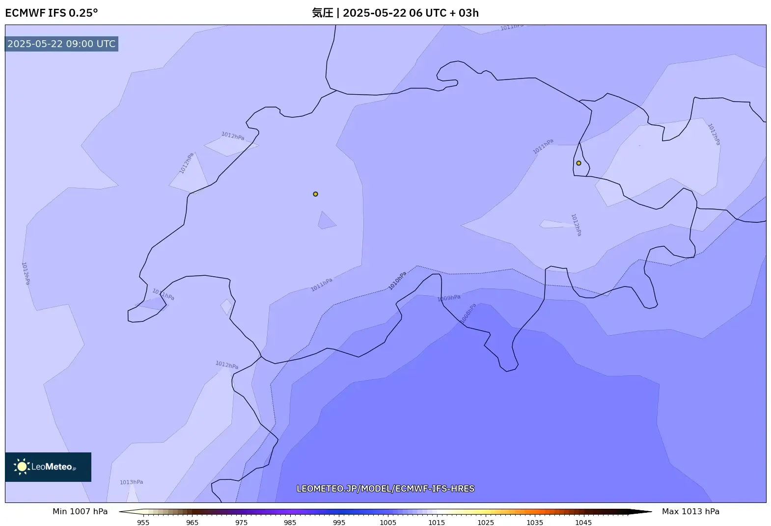 ECMWF IFS 0.25° model - スイス, 気圧 ECMWF IFS 0.25° model - スイス, 気圧