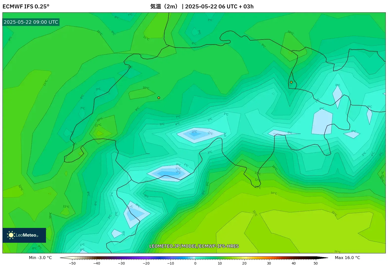 ECMWF IFS 0.25° model - スイス, 気温(2m) ECMWF IFS 0.25° model - スイス, 気温(2m)