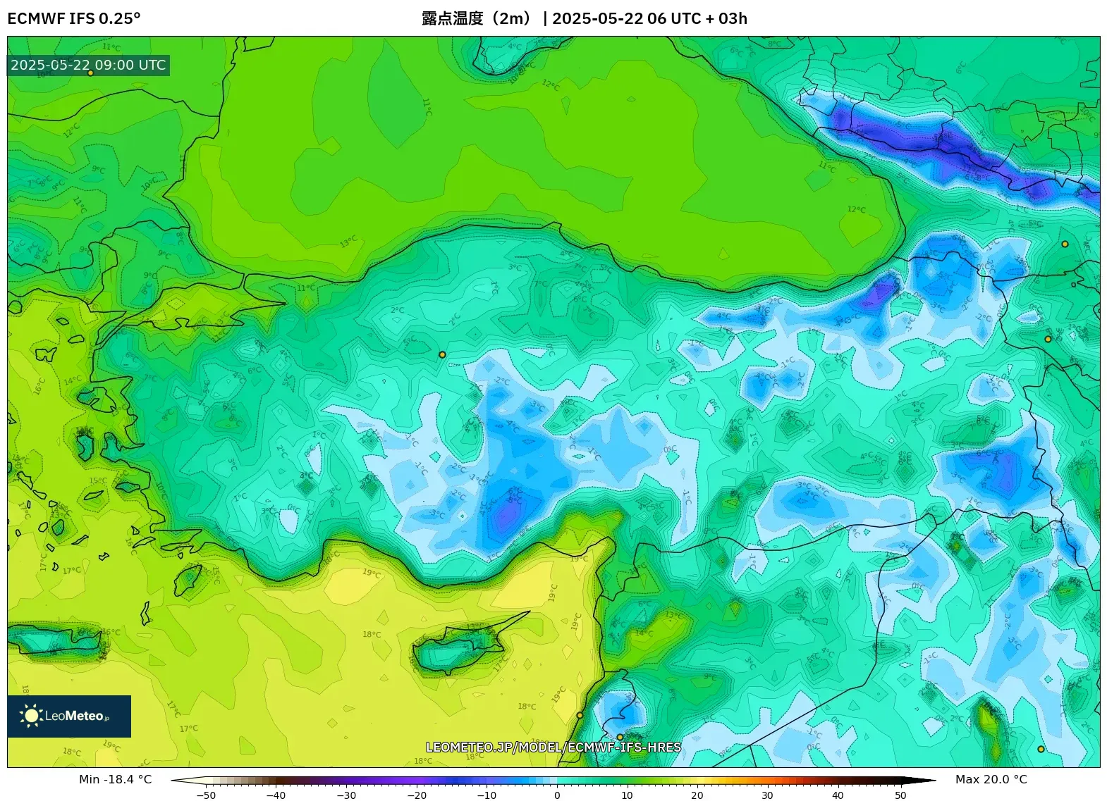 ECMWF IFS 0.25° model - トルコ, 露点温度(2m) ECMWF IFS 0.25° model - トルコ, 露点温度(2m)