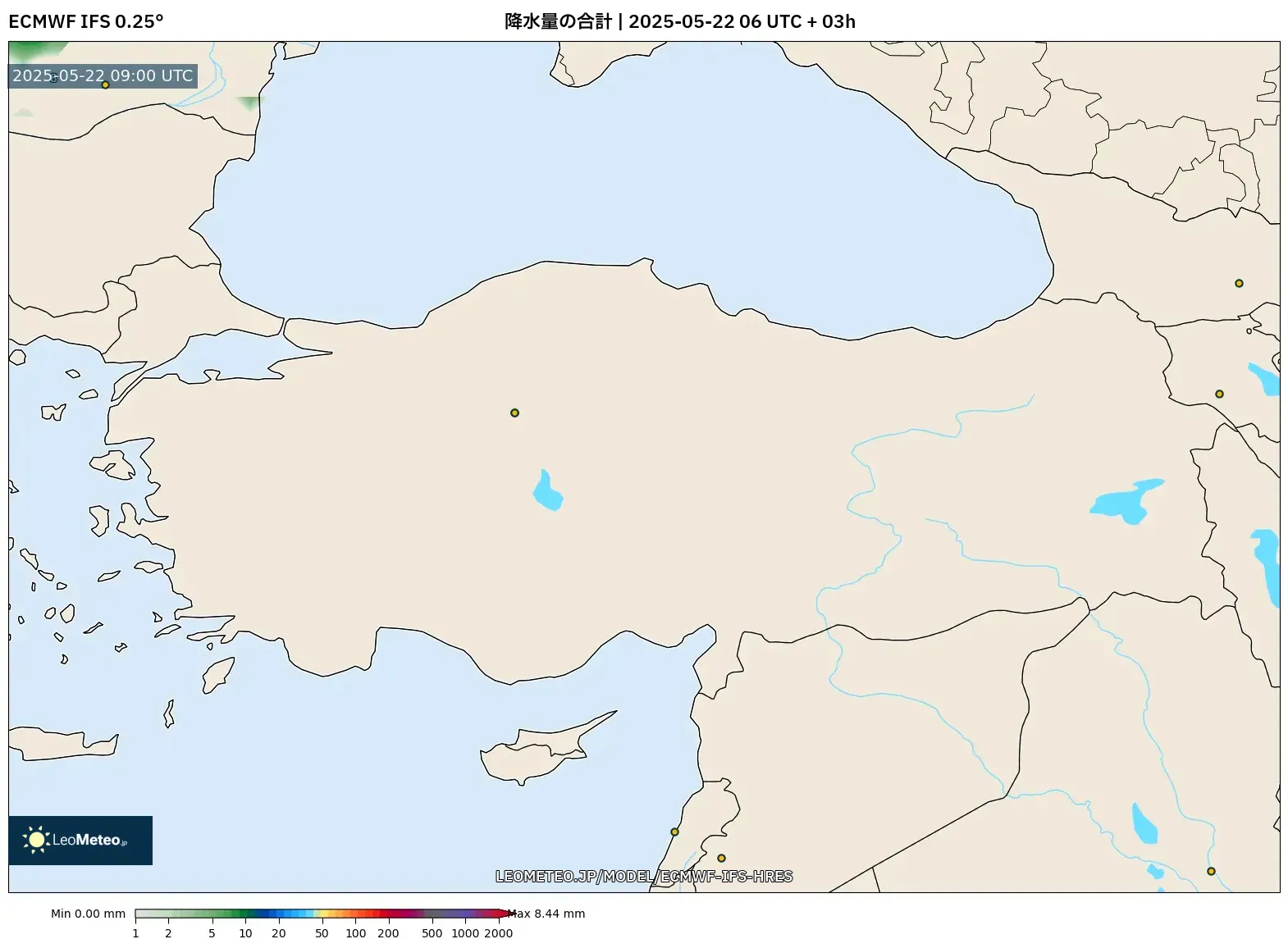 ECMWF IFS 0.25° model - トルコ, 降水量の合計 ECMWF IFS 0.25° model - トルコ, 降水量の合計