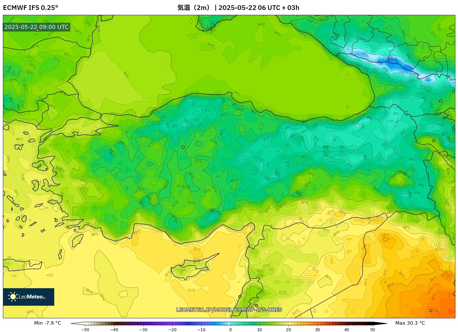 ECMWF IFS 0.25° model - トルコ, 気温(2m) ECMWF IFS 0.25° model - トルコ, 気温(2m)