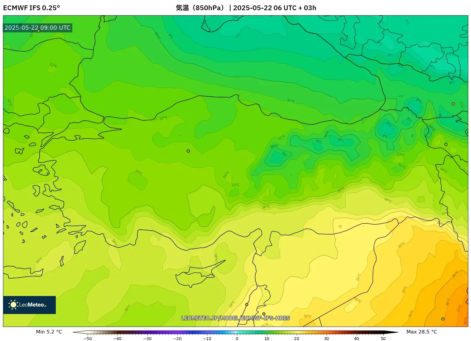 ECMWF IFS 0.25° model - トルコ, 気温(850hPa) ECMWF IFS 0.25° model - トルコ, 気温(850hPa)