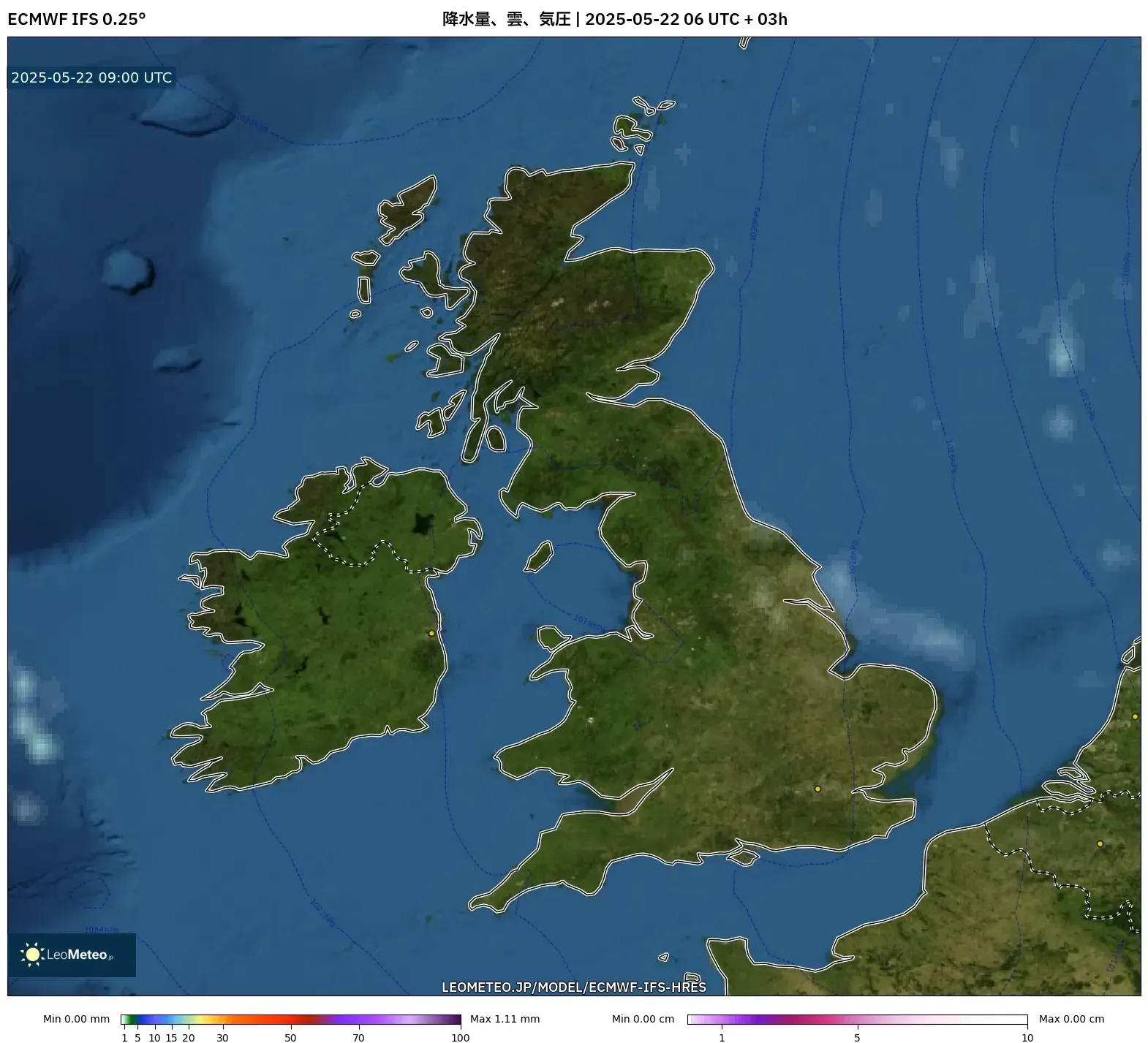 ECMWF IFS 0.25° model - イギリス, 降水量、雲、気圧 ECMWF IFS 0.25° model - イギリス, 降水量、雲、気圧