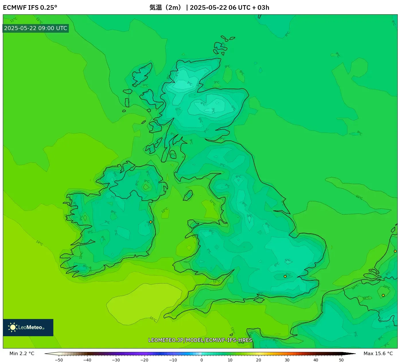 ECMWF IFS 0.25° model - イギリス, 気温(2m) ECMWF IFS 0.25° model - イギリス, 気温(2m)