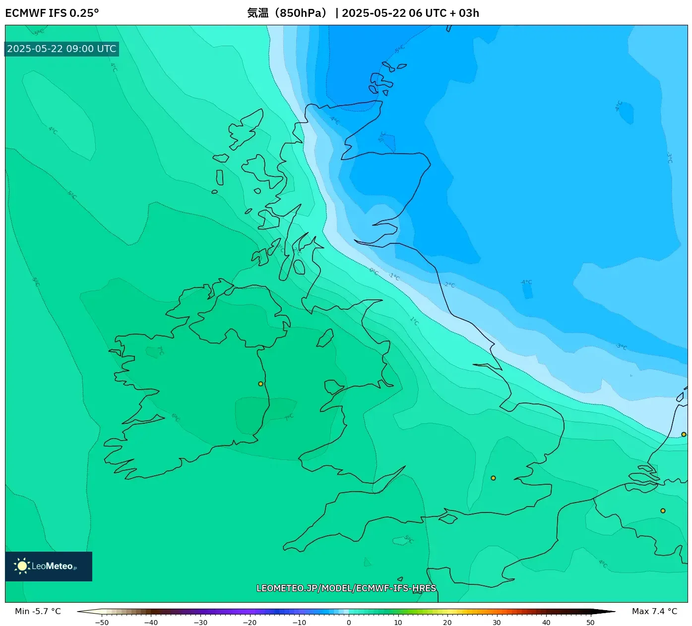 ECMWF IFS 0.25° model - イギリス, 気温(850hPa) ECMWF IFS 0.25° model - イギリス, 気温(850hPa)