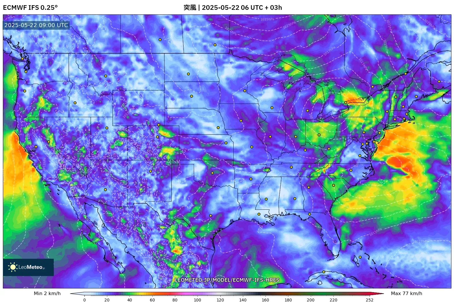 ECMWF IFS 0.25° model - アメリカ合衆国, 突風 ECMWF IFS 0.25° model - アメリカ合衆国, 突風
