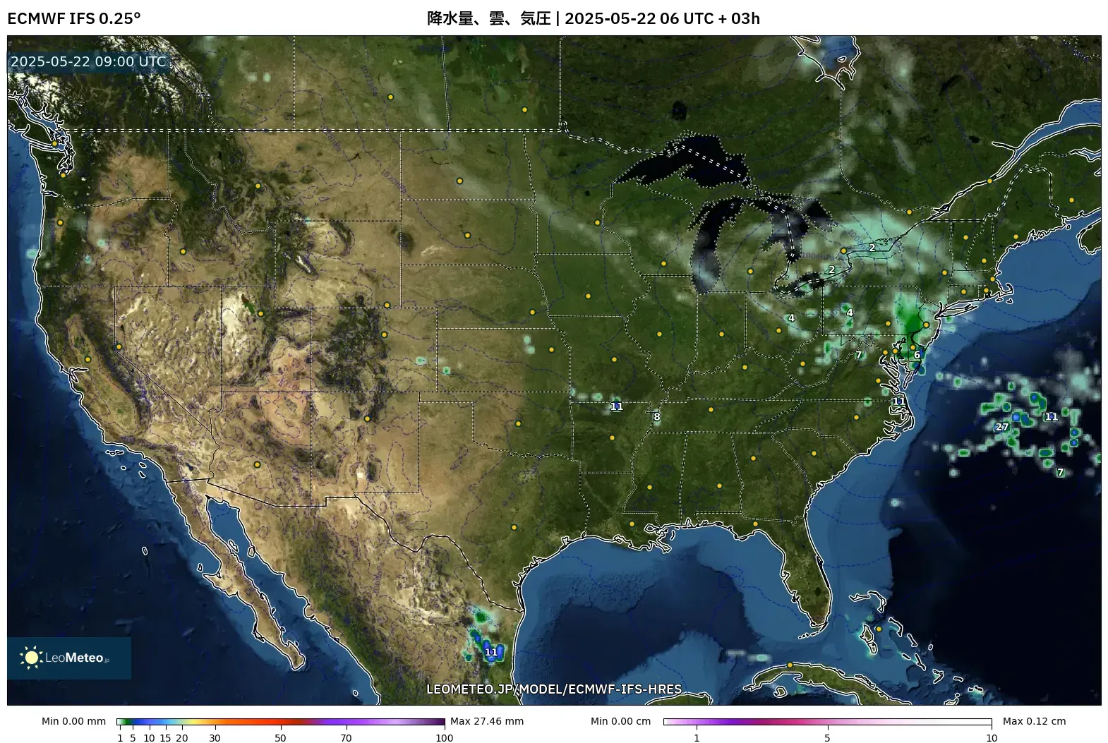 ECMWF IFS 0.25° model - アメリカ合衆国, 降水量、雲、気圧 ECMWF IFS 0.25° model - アメリカ合衆国, 降水量、雲、気圧