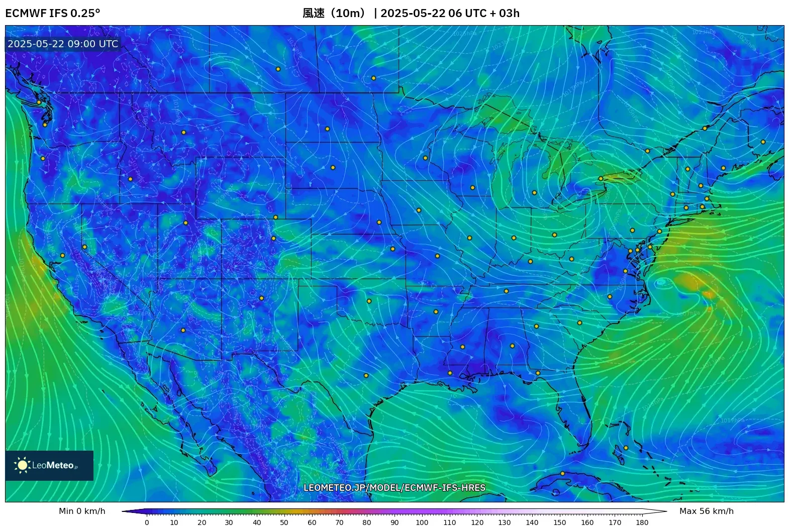 ECMWF IFS 0.25° model - アメリカ合衆国, 風速(10m) ECMWF IFS 0.25° model - アメリカ合衆国, 風速(10m)