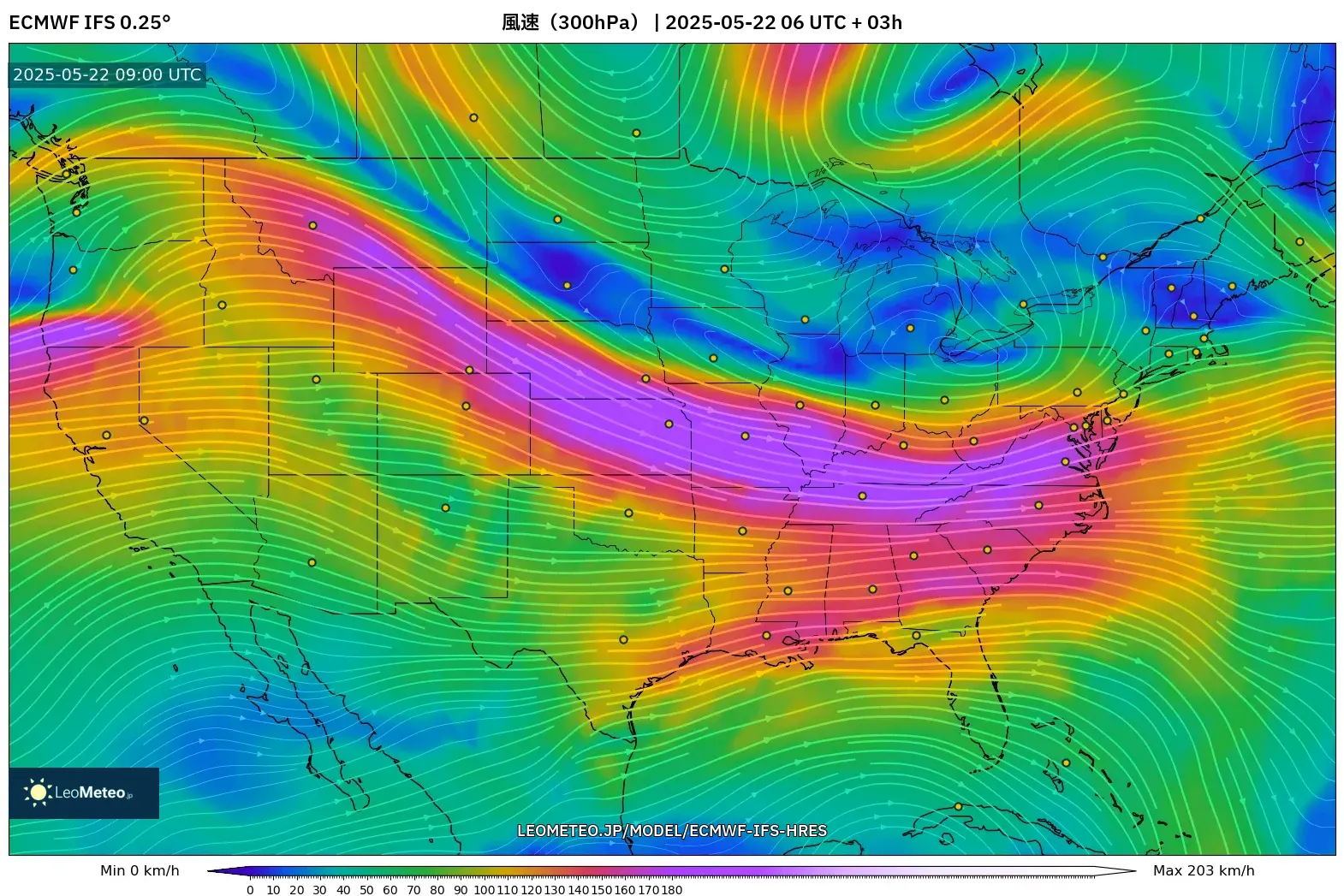 ECMWF IFS 0.25° model - アメリカ合衆国, 風速(300hPa) ECMWF IFS 0.25° model - アメリカ合衆国, 風速(300hPa)