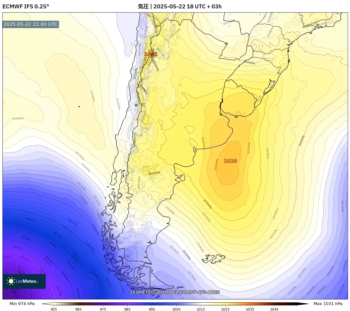 ECMWF IFS 0.25° model - アルゼンチン, 気圧 ECMWF IFS 0.25° model - アルゼンチン, 気圧