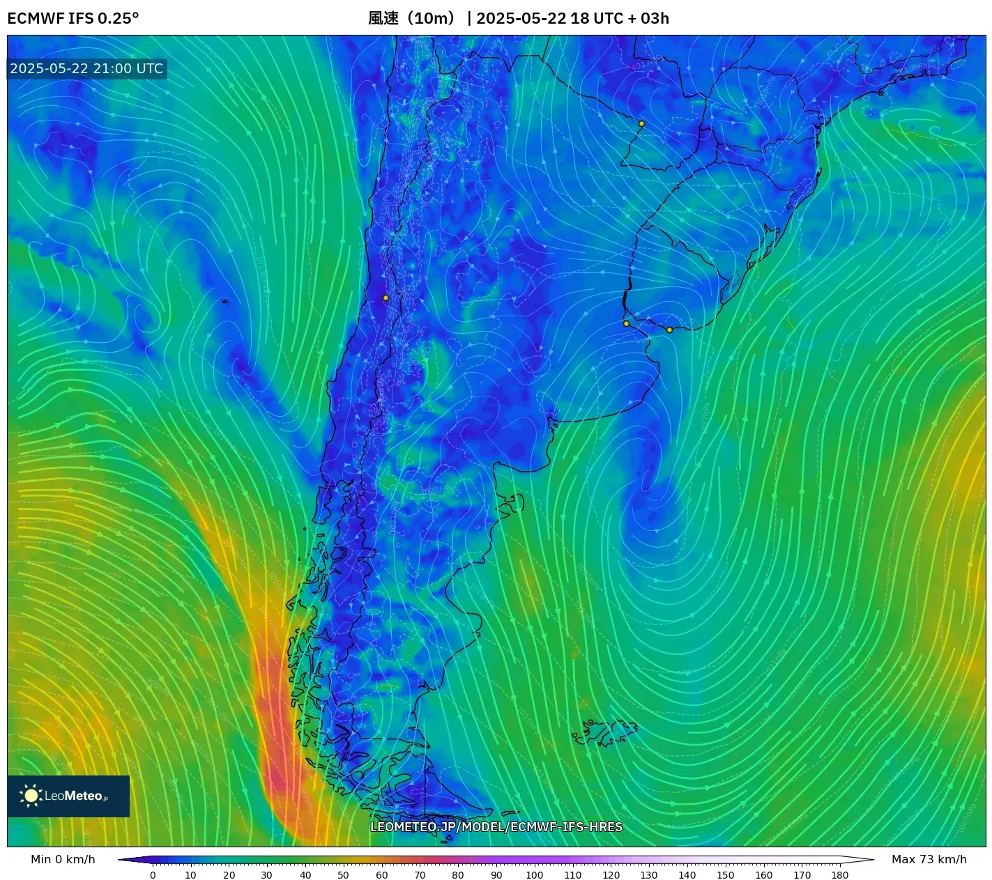 ECMWF IFS 0.25° model - アルゼンチン, 風速(10m) ECMWF IFS 0.25° model - アルゼンチン, 風速(10m)
