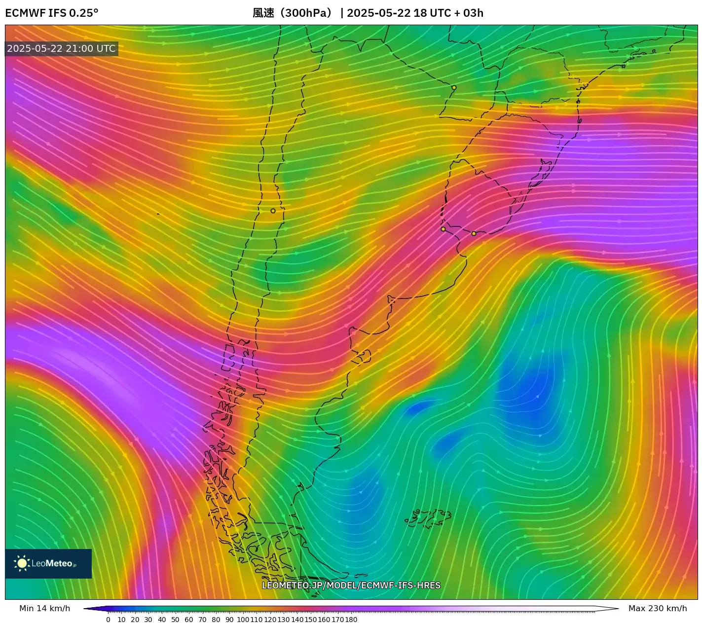 ECMWF IFS 0.25° model - アルゼンチン, 風速(300hPa) ECMWF IFS 0.25° model - アルゼンチン, 風速(300hPa)