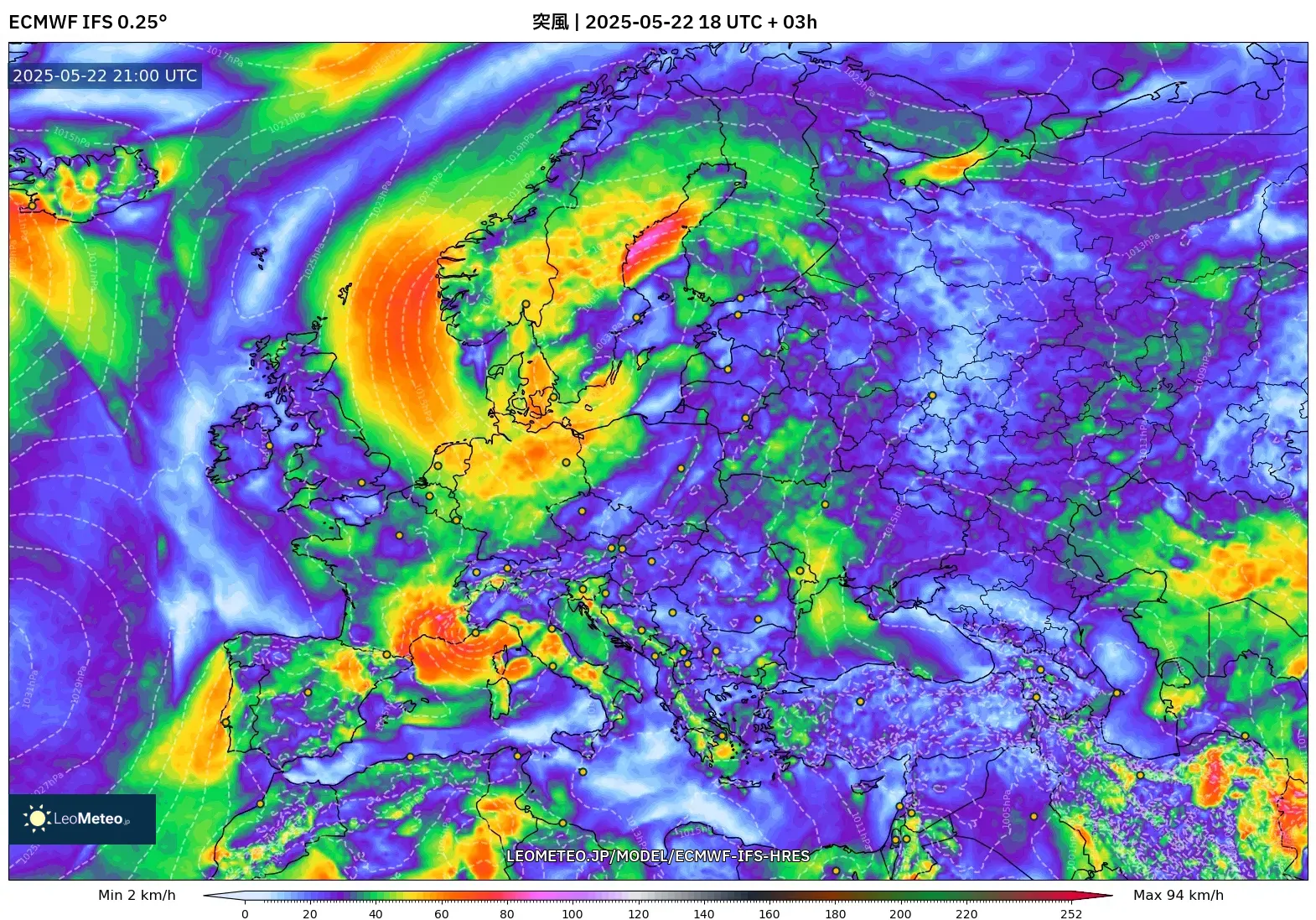 ECMWF IFS 0.25° model - ヨーロッパ, 突風