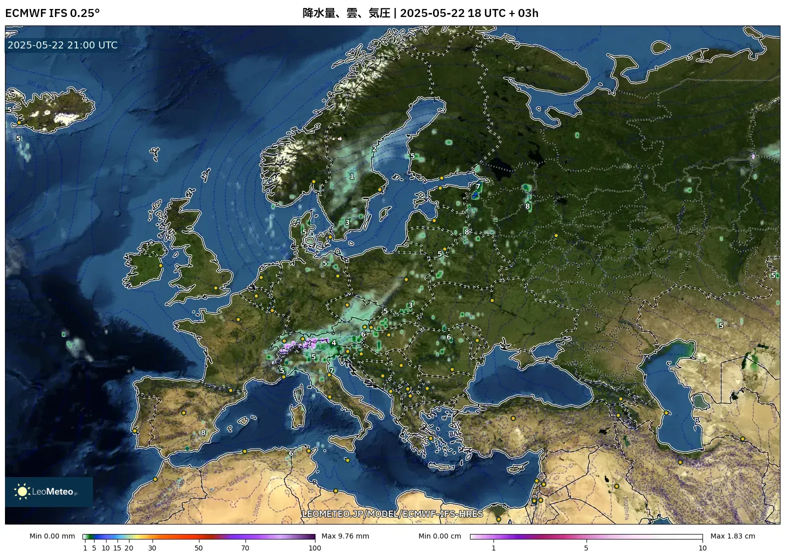 ECMWF IFS 0.25° model - ヨーロッパ, 降水量、雲、気圧