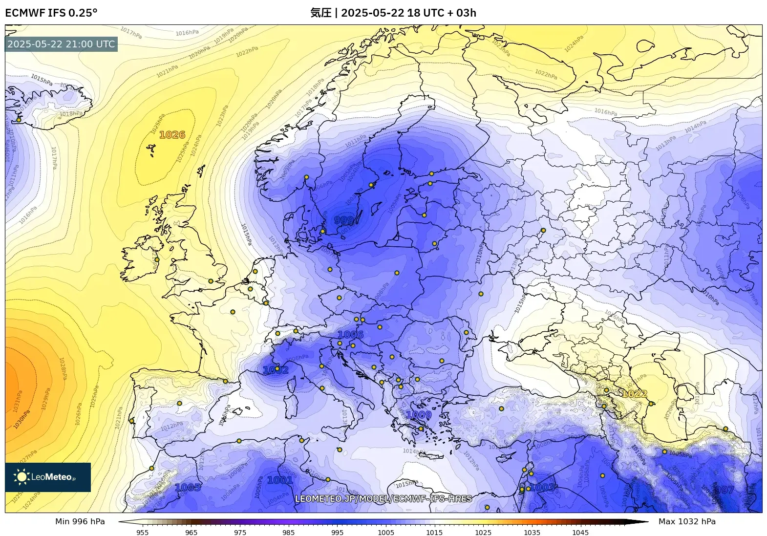 ECMWF IFS 0.25° model - ヨーロッパ, 気圧