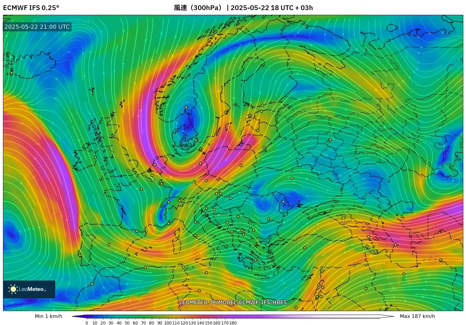 ECMWF IFS 0.25° model - ヨーロッパ, 風速（300hPa）