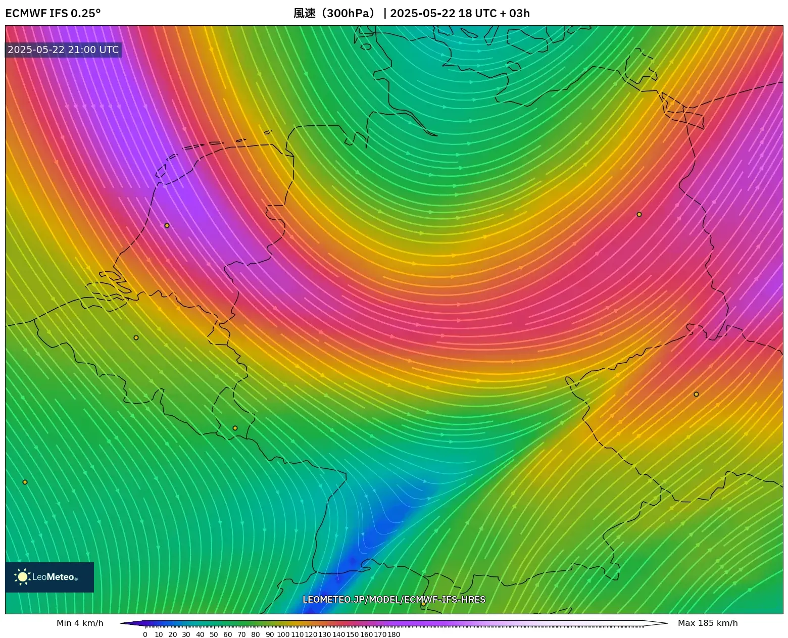 ECMWF IFS 0.25° model - ドイツ, 風速(300hPa) ECMWF IFS 0.25° model - ドイツ, 風速(300hPa)
