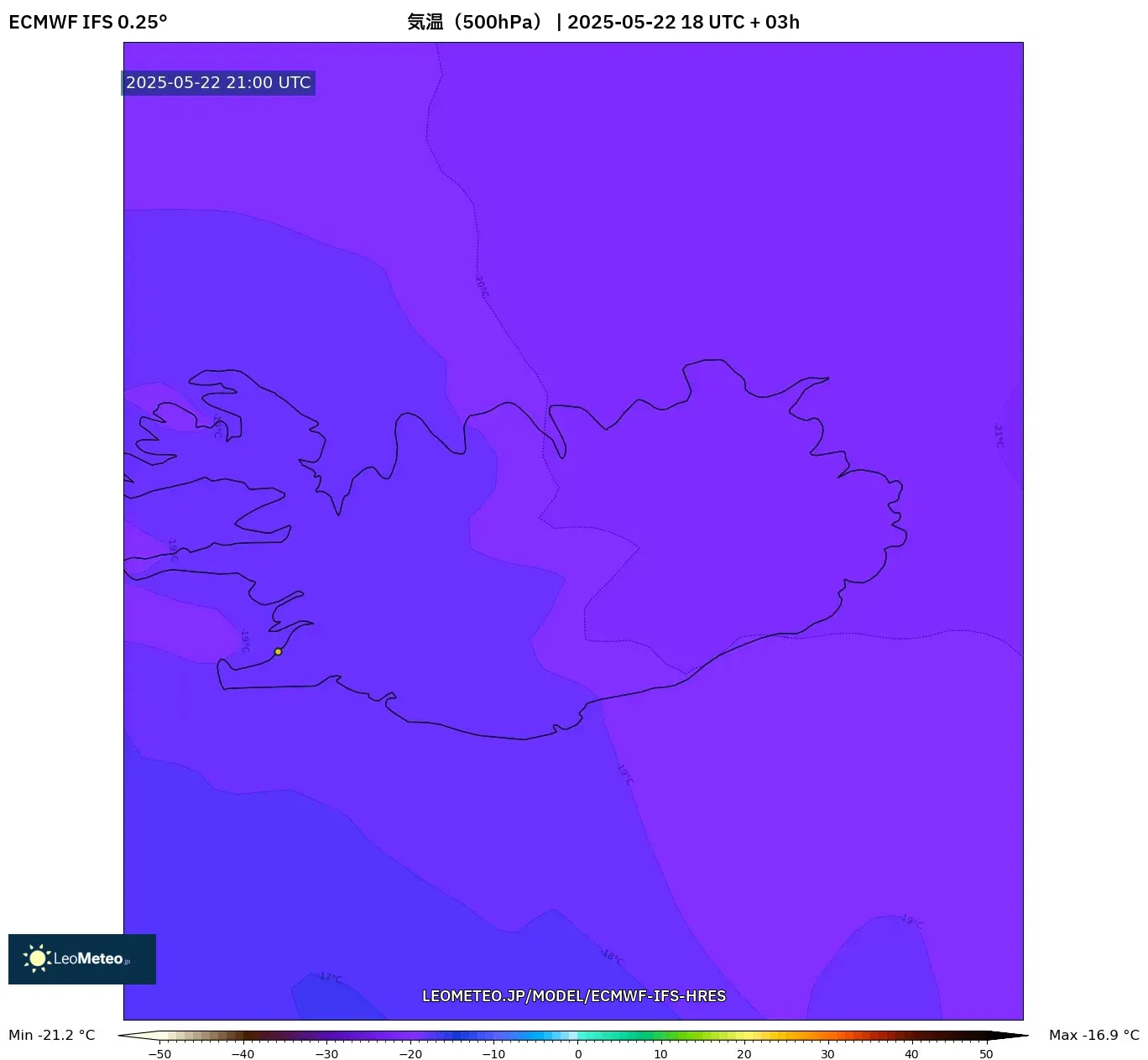ECMWF IFS 0.25° model - アイスランド, 気温(500hPa) ECMWF IFS 0.25° model - アイスランド, 気温(500hPa)