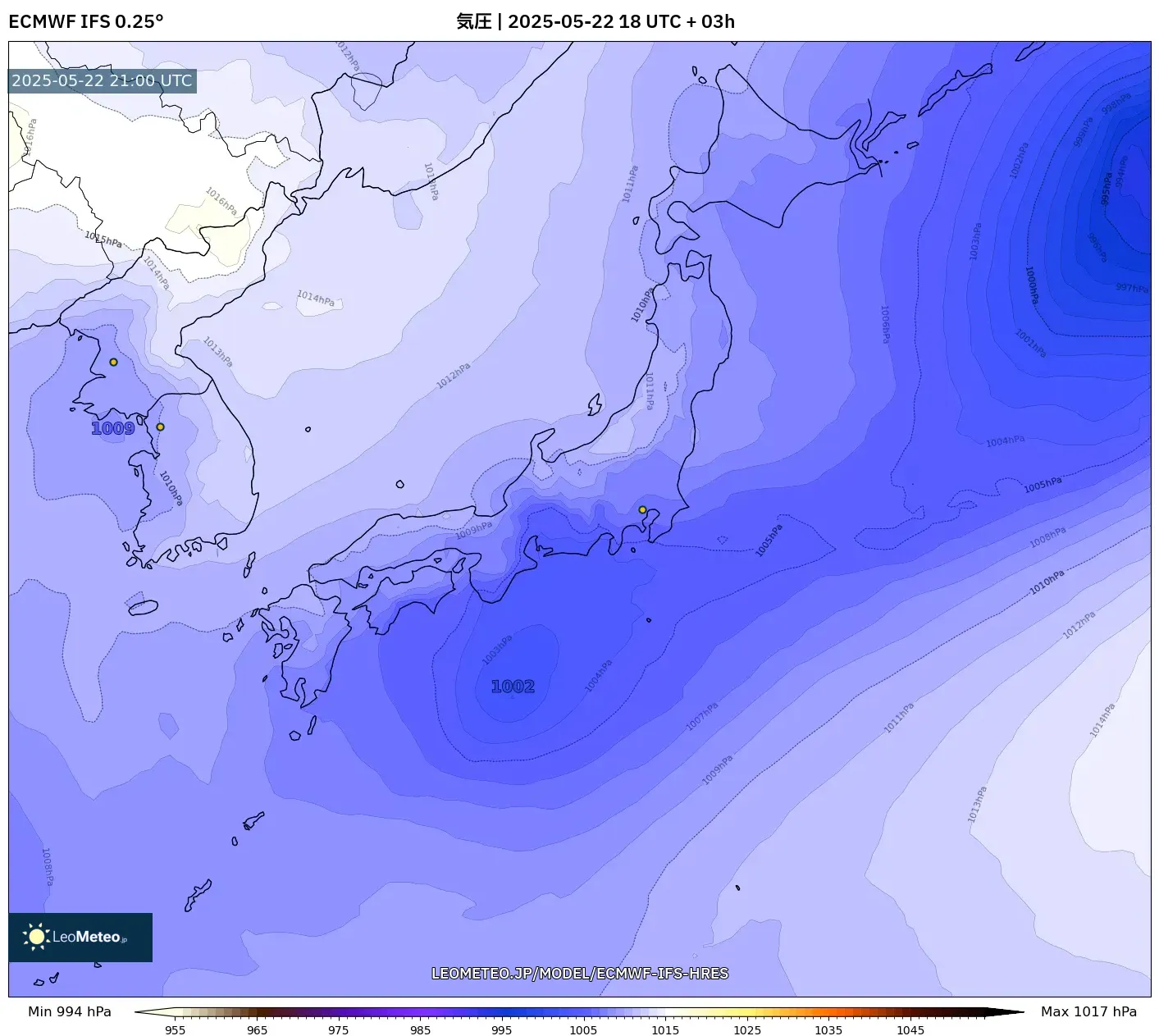 ECMWF IFS 0.25° model - 日本, 気圧 ECMWF IFS 0.25° model - 日本, 気圧