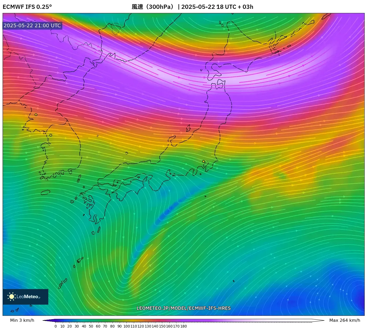 ECMWF IFS 0.25° model - 日本, 風速(300hPa) ECMWF IFS 0.25° model - 日本, 風速(300hPa)