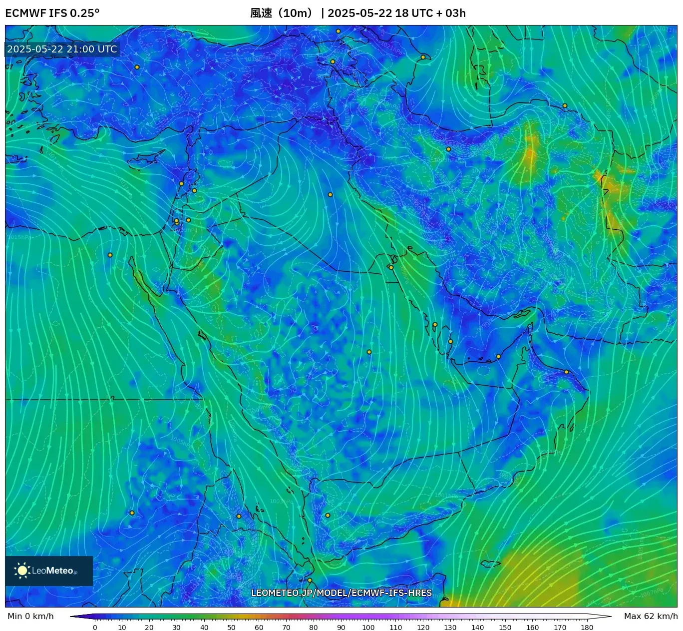 ECMWF IFS 0.25° model - 中東, 風速(10m) ECMWF IFS 0.25° model - 中東, 風速(10m)