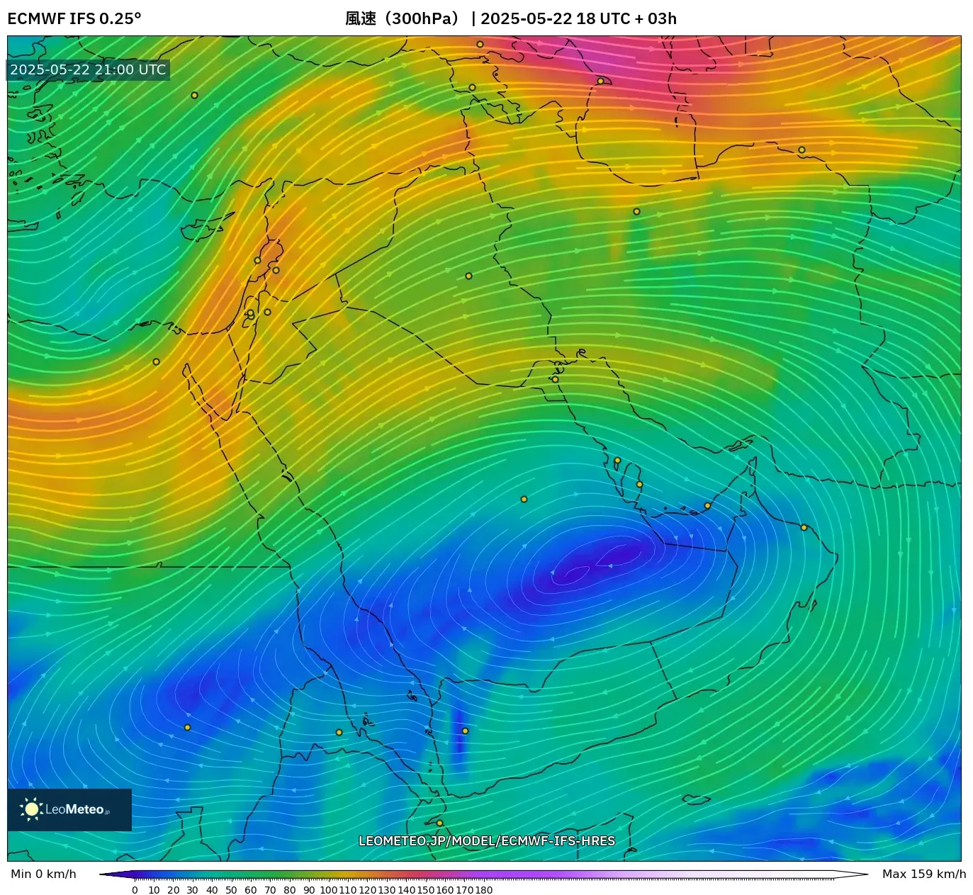 ECMWF IFS 0.25° model - 中東, 風速(300hPa) ECMWF IFS 0.25° model - 中東, 風速(300hPa)