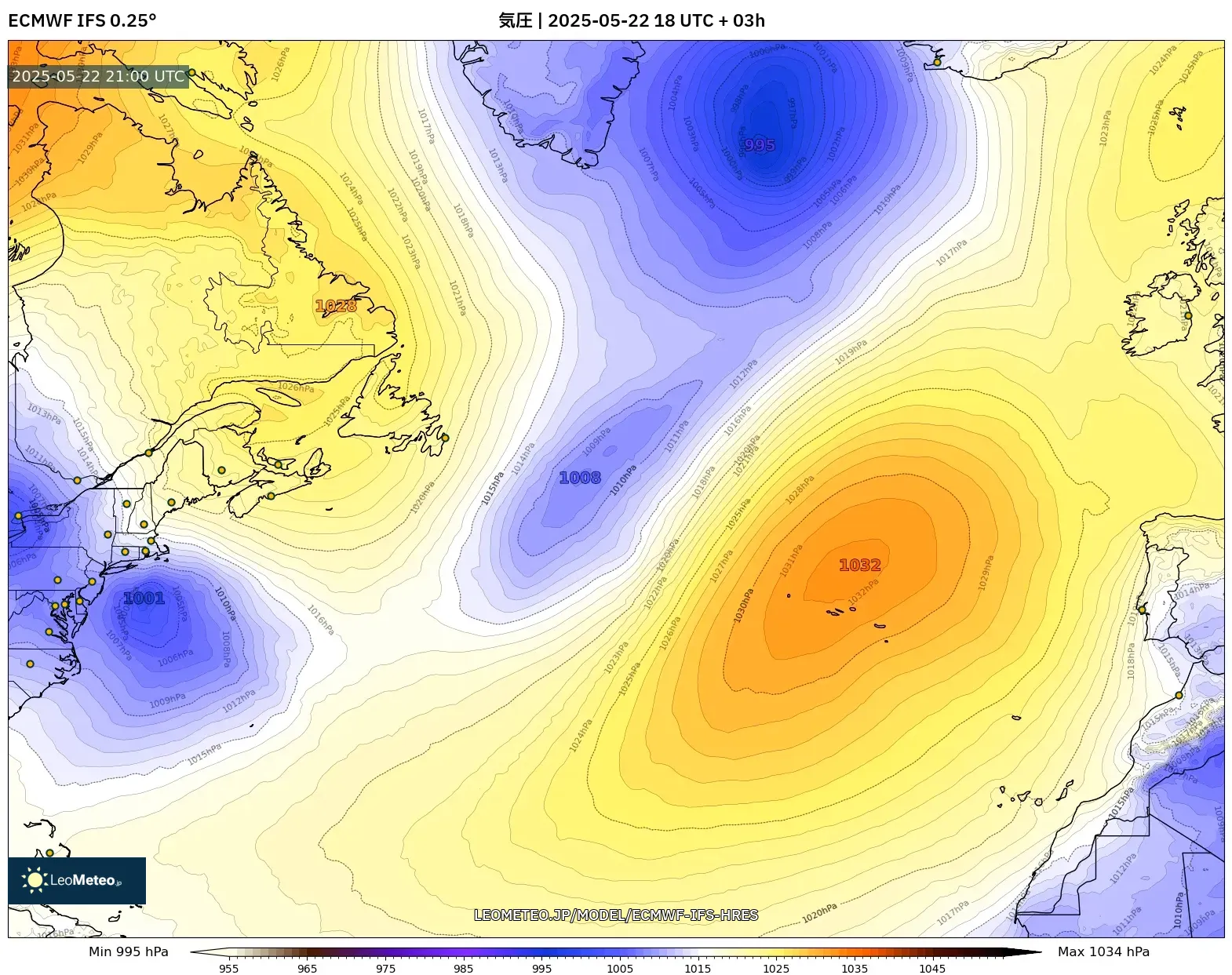 ECMWF IFS 0.25° model - 北大西洋, 気圧 ECMWF IFS 0.25° model - 北大西洋, 気圧
