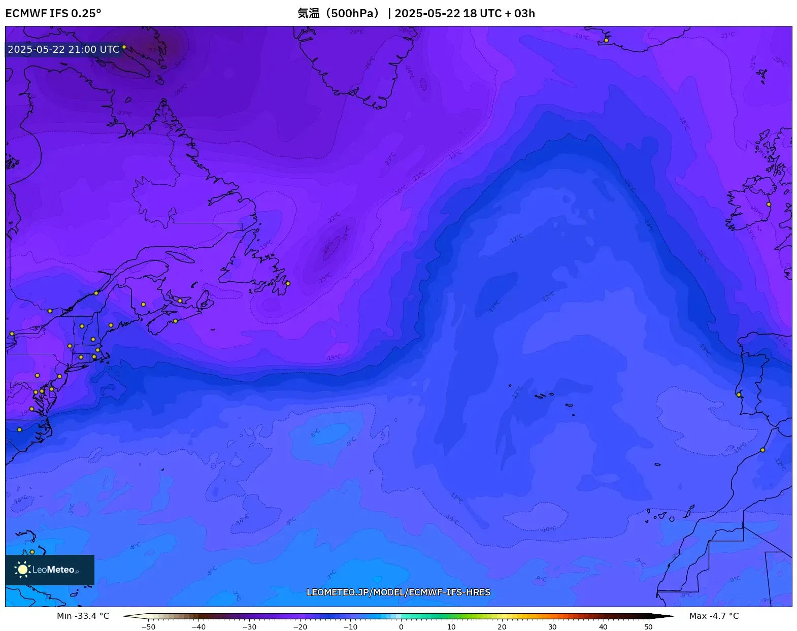 ECMWF IFS 0.25° model - 北大西洋, 気温(500hPa) ECMWF IFS 0.25° model - 北大西洋, 気温(500hPa)