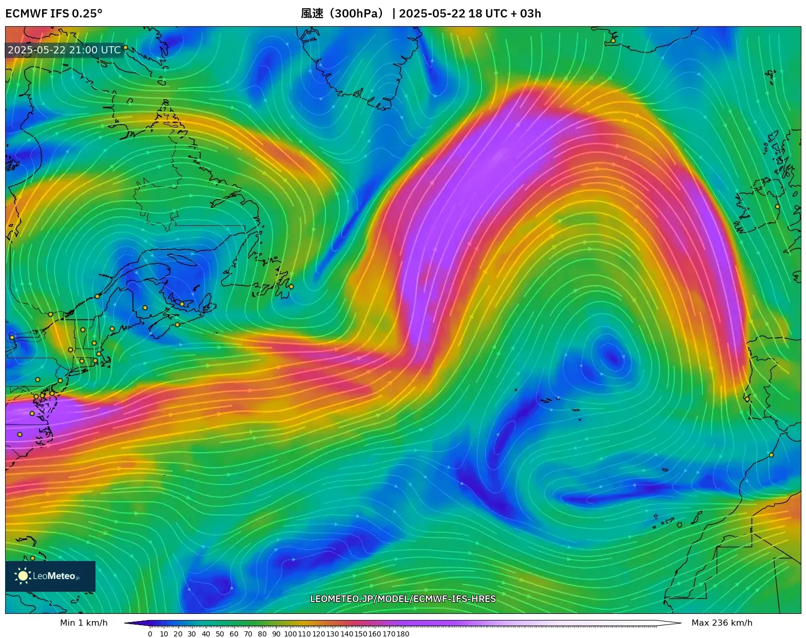 ECMWF IFS 0.25° model - 北大西洋, 風速(300hPa) ECMWF IFS 0.25° model - 北大西洋, 風速(300hPa)