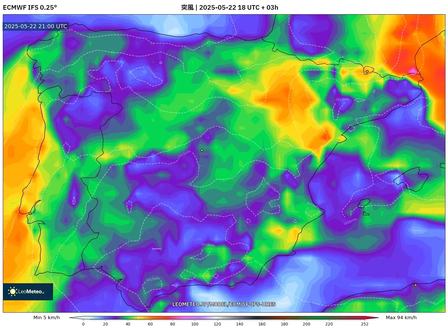 ECMWF IFS 0.25° model - スペイン, 突風 ECMWF IFS 0.25° model - スペイン, 突風