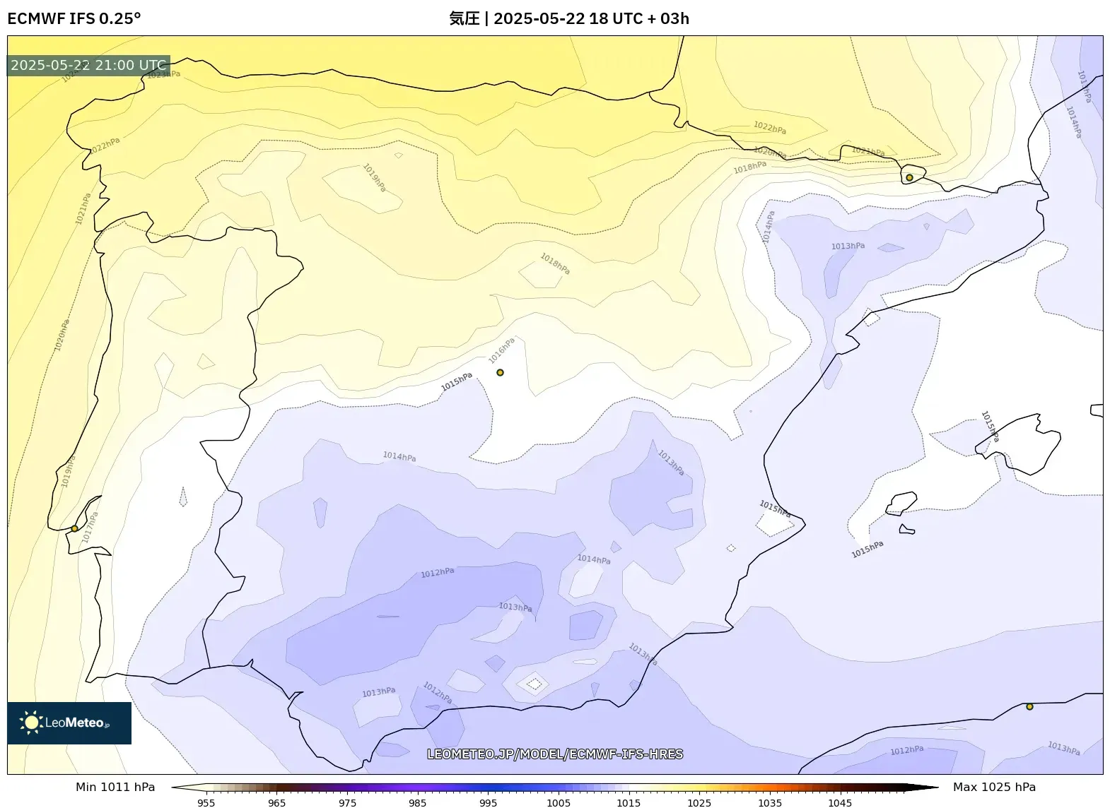 ECMWF IFS 0.25° model - スペイン, 気圧 ECMWF IFS 0.25° model - スペイン, 気圧