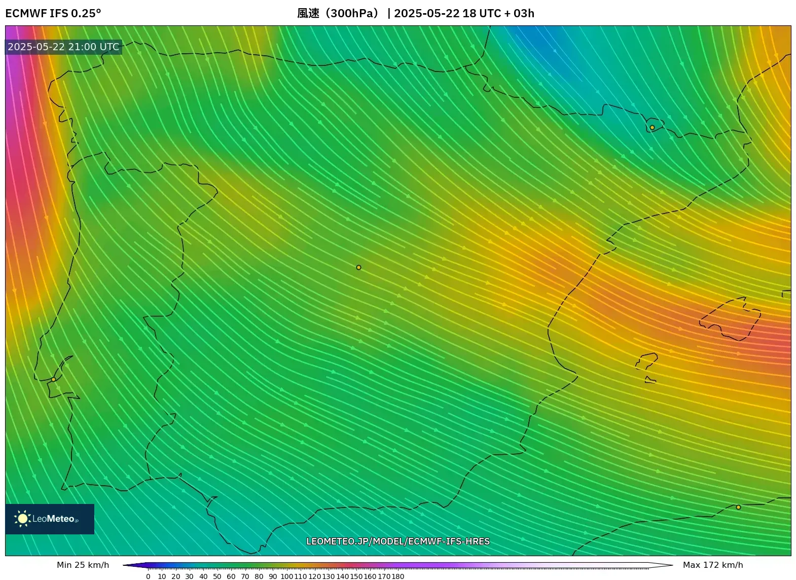 ECMWF IFS 0.25° model - スペイン, 風速(300hPa) ECMWF IFS 0.25° model - スペイン, 風速(300hPa)