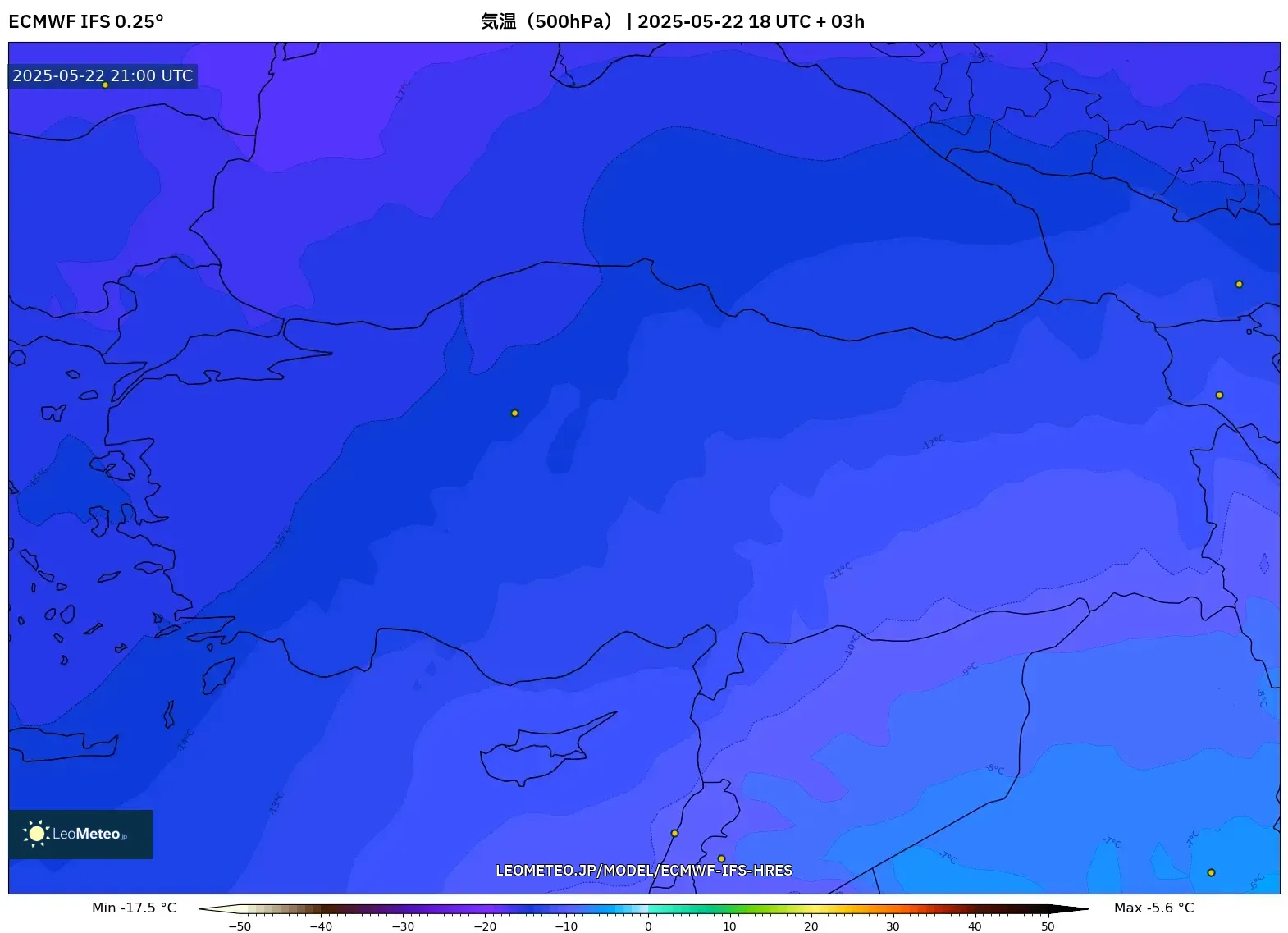 ECMWF IFS 0.25° model - トルコ, 気温(500hPa) ECMWF IFS 0.25° model - トルコ, 気温(500hPa)