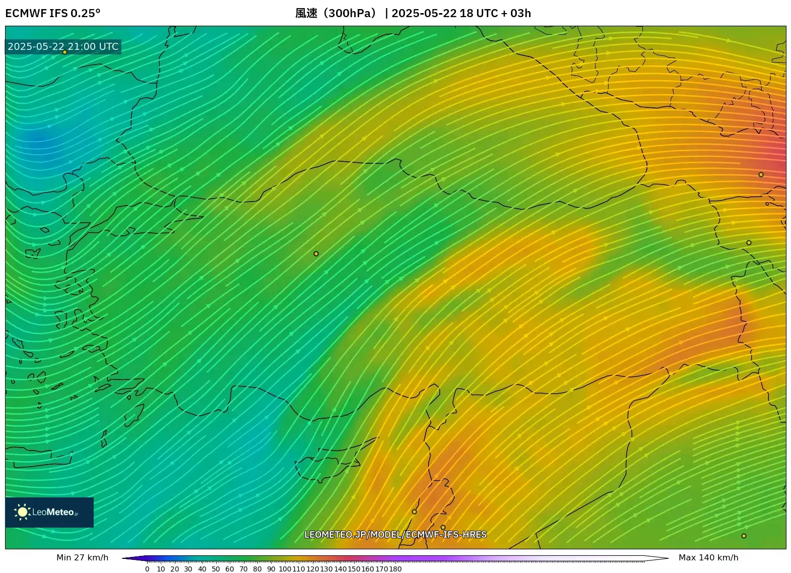 ECMWF IFS 0.25° model - トルコ, 風速(300hPa) ECMWF IFS 0.25° model - トルコ, 風速(300hPa)