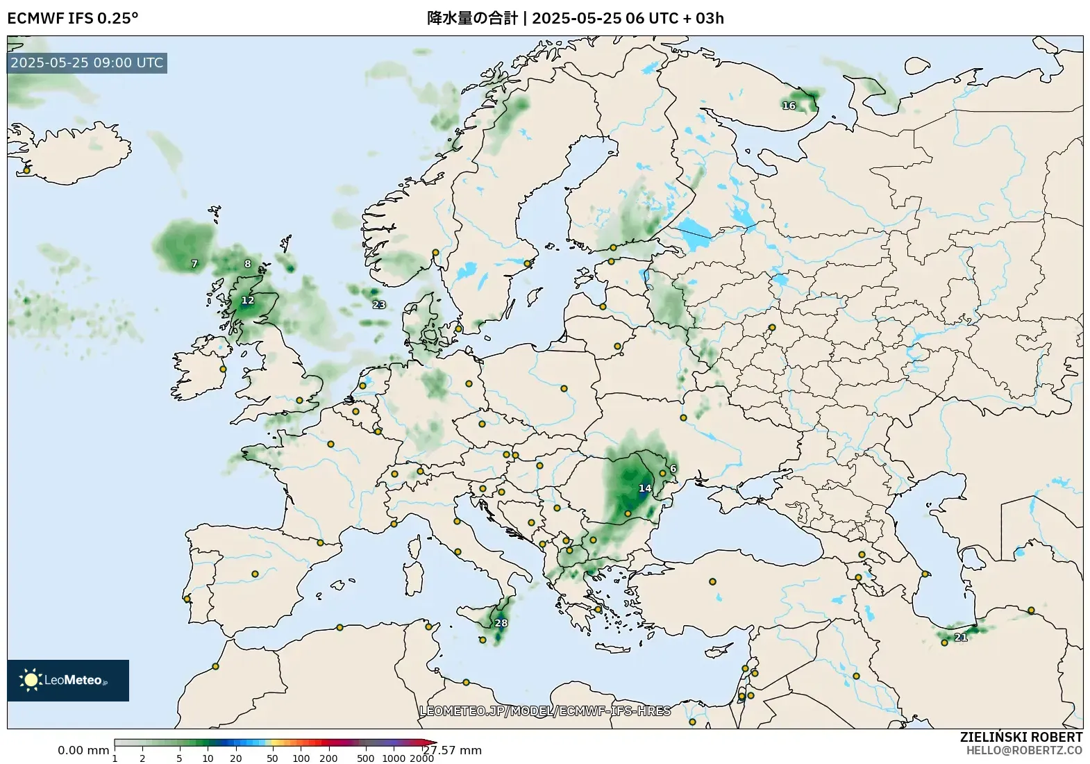 ECMWF IFS 0.25° model - ヨーロッパ, 降水量の合計