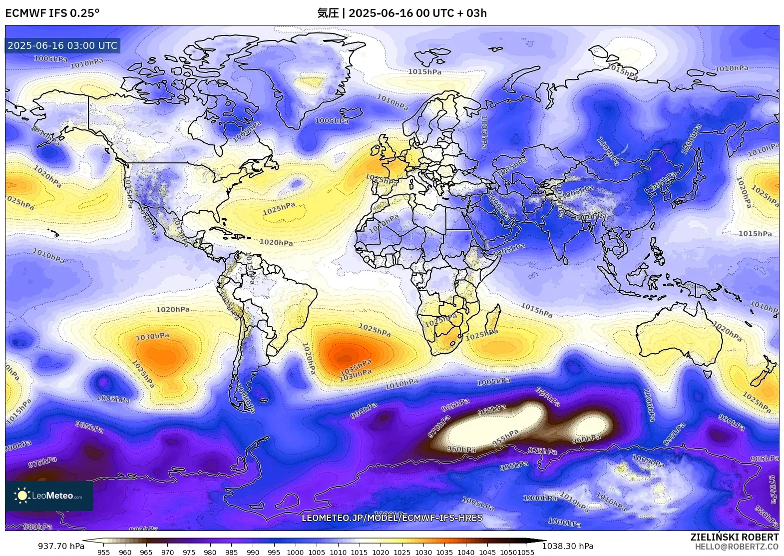 ECMWF IFS 0.25° model - 世界, 気圧 ECMWF IFS 0.25° model - 世界, 気圧